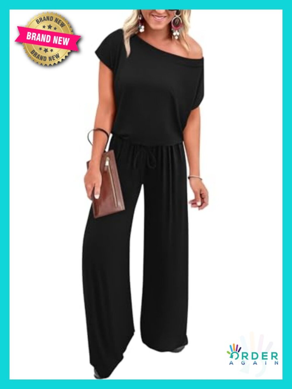 Off Shoulder Elastic Waist Wide Leg Jumpsuit with Pockets